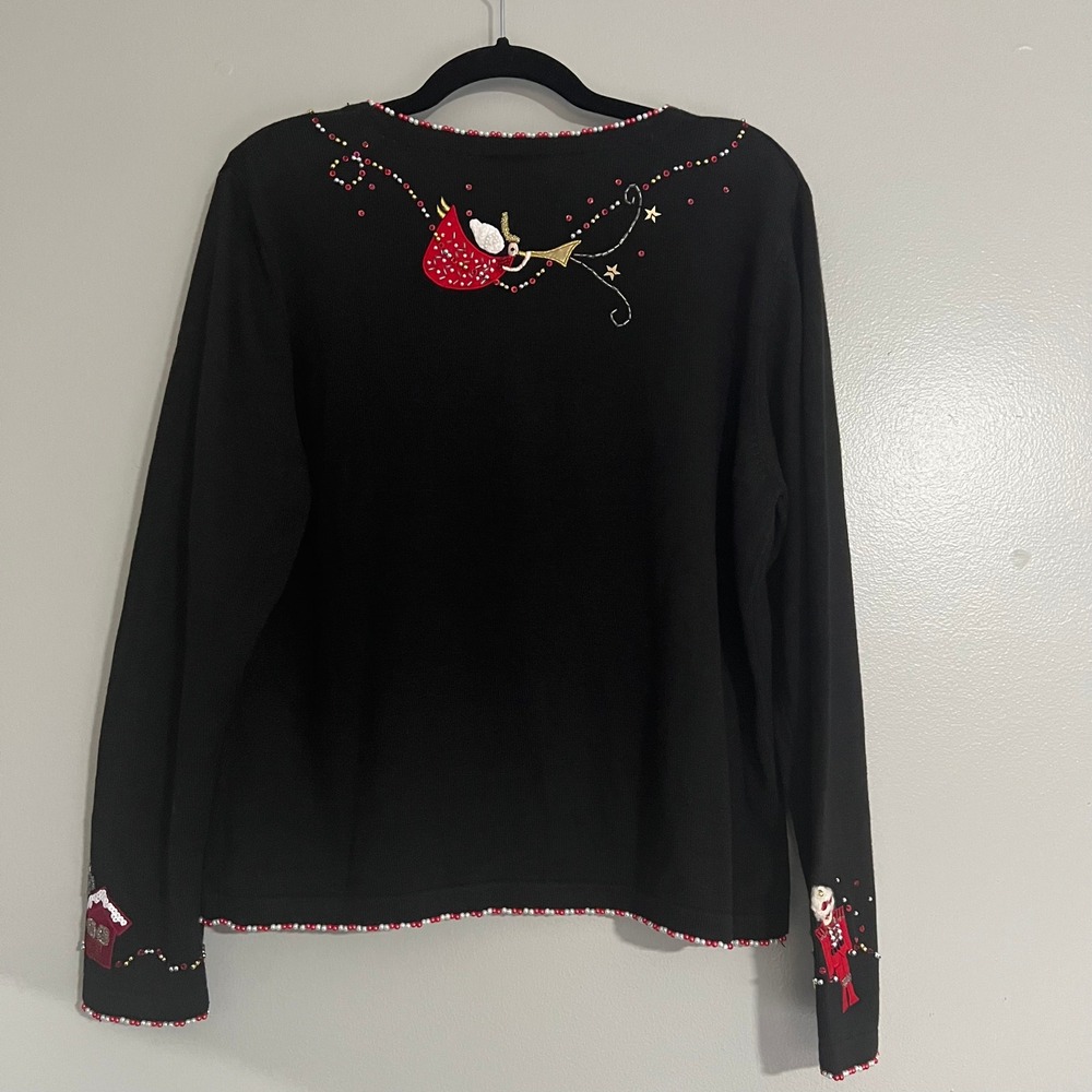 Just B Black Beaded Christmas Cardigan Sweater Large ugly holiday festive kitsch - Picture 8 of 16
